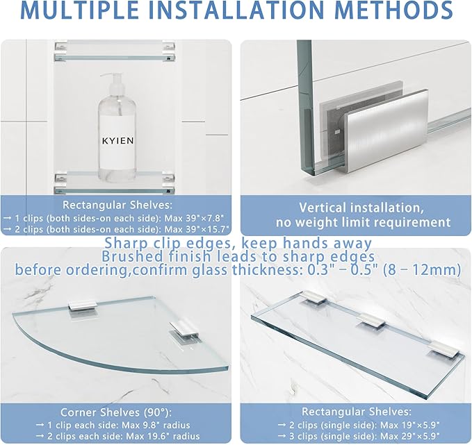 4Pcs Stainless Steel Glass Shelf Clip Clamp Bracket Support Adjustable 304 Stainless Steel Brushed Finish Glass Clip Shelf Brackets Holder Support 0.3" to 0.5"/ 8 to 12mm Thick