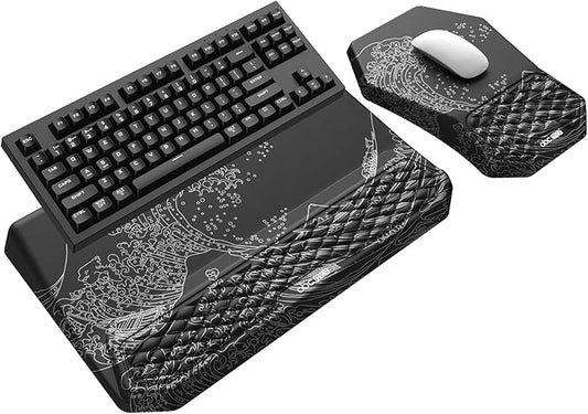 3-in-1 Ergonomic Keyboard Stand with Wrist Rest & Mouse Pad Set, Comfy Keyboard Riser Holder Soft Mousepad with Massage Design, Memory Foam and Non-Slip PU Base for Pain Relief, Black Wave of Kanagawa