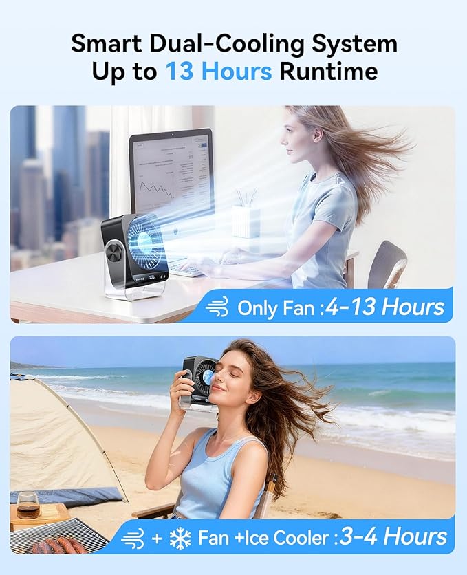 KIMMOO USB Desk Fan for Bedroom, 199 Speeds Turbo Airflow, Portable Fan with Ice Cooling, Digital Display Quiet Table Fan, 270° Rotating Small Rechargeable Battery Desktop Fans for Home Office (Black)