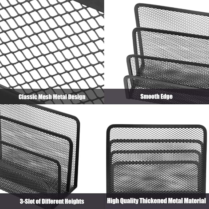 Desk Mail Organizer, 2 Pack Metal Mesh Small File Holders with 6 Metal Clips Letter Organiser Countertop with 3-Slot, Office Mail Sorter Organizer for Bill Paper Folder Document (Black)