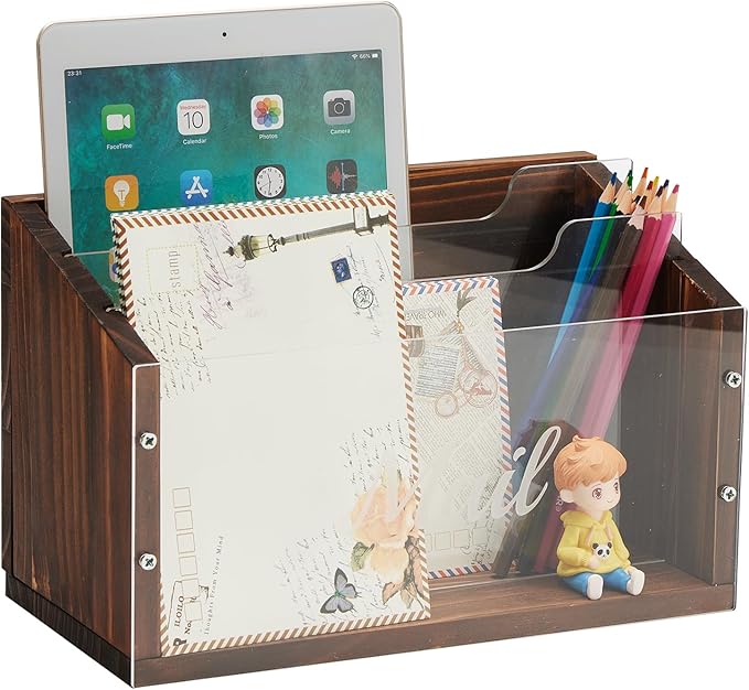 Mail Organizer with Clear Acrylic Dividers - 3 Slots Letter Holder for Desk, Solid Wood Mail Sorter Wall Mounted, Mailbox Hoder Counter for Home Office Family