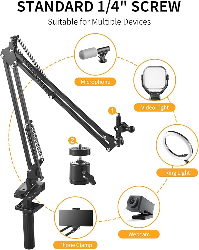 Phone Holder for Bed Desk, Flexible Camera Arm Desk Mount Clamp with Phone Holder and Ball Head, Overhead Tripod Mount for Camera Webcam Ring Light