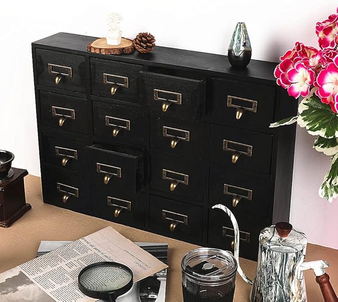 16 Drawers Apothecary Cabinet with Drawers Tabletop Apothecary Chests and Cabinets Library Card Catalog Cabinet Herb Storage Box Wooden Desk Drawer Organizer Medicine Vintage Furniture(BLACK)