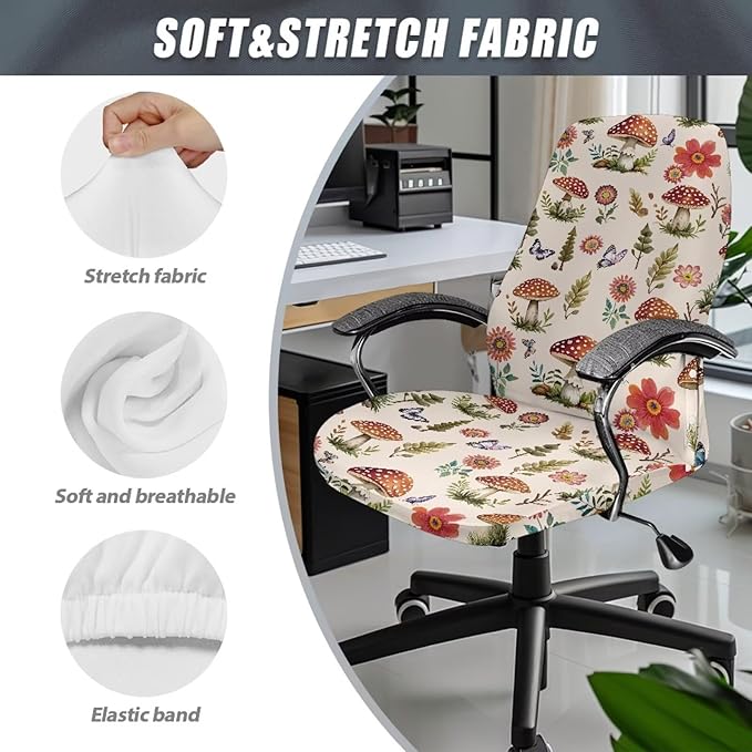 Talayituse Mushroom Butterfly Flower Leaves Print Office Chair Covers, Stretch Computer Chair Cover, Universal Boss Chair Covers Modern Simplism Style High Back Chair Slipcover, Large