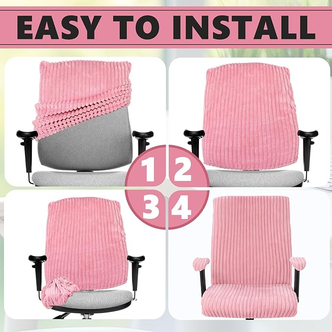 Tegeme Set of 4 Faux Fur Office Chair Covers Set with Armrest Covers, Computer Universal Stretchable Chair Seat Protector Washable Jacquard Computer Seat Slipcovers for Home Office(Pink)