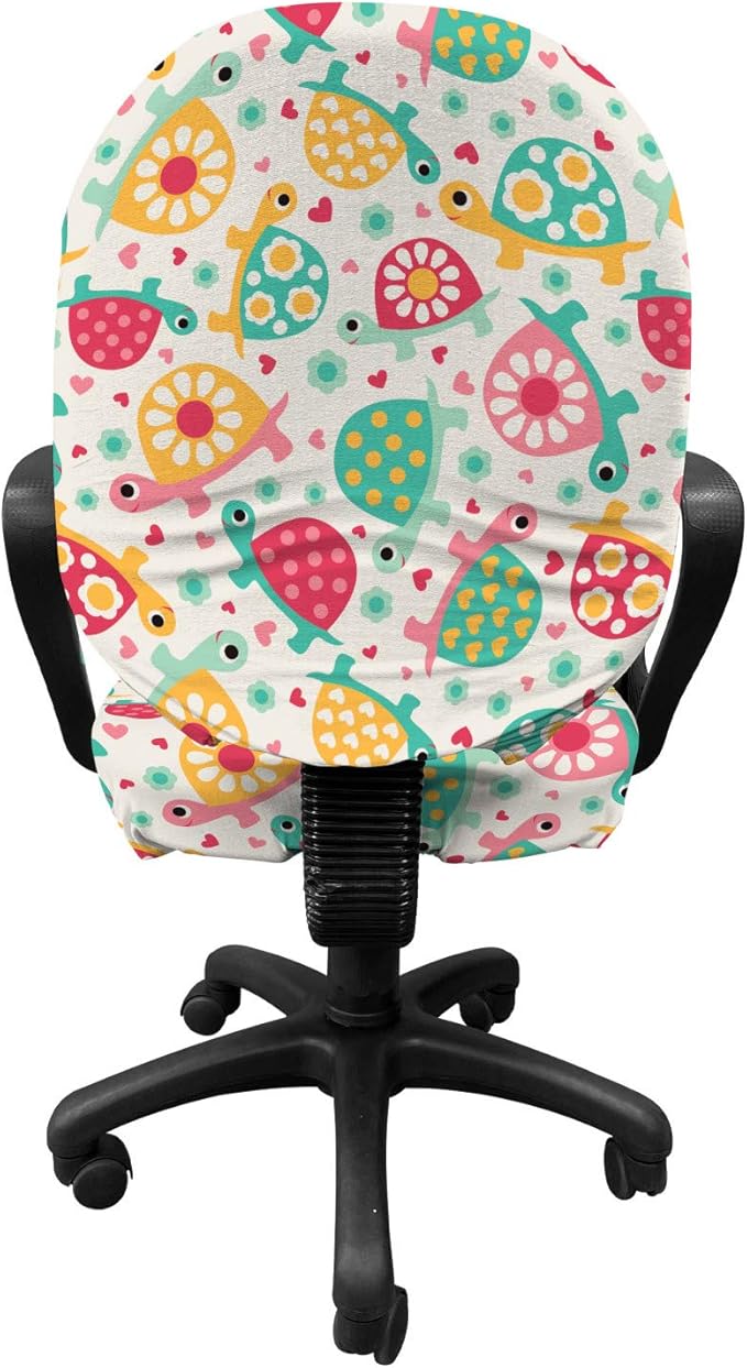 Ambesonne Turtle Office Chair Slipcover, Colorful Design Groovy 90s Floral Boho Ornate Delicate Animals Hippie Feels, Decorative Stretch and Washable Fabric Cover, Standard Size, Teal Magenta