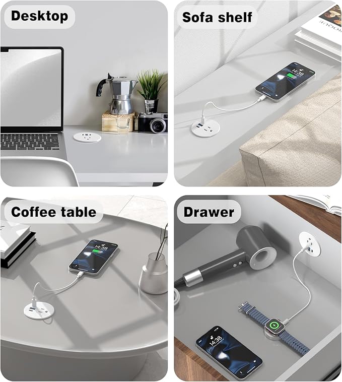 Desk Grommet Power Outlet, 2.5 inch Desktop Recessed Outlet with 20W Fast Charging USB-C Port, Flush Mount Outlet for Conference Rooms, Office Tables, Furniture (White, 10FT)