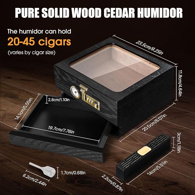 Tesonway Cigar Humidor, Cedar Wood Humidor Cigar Box, Glass Top Desktop Humidor with Front Hygrometer, Humidifier, Divider, Accessories Drawer and Combination Lock, Cigar Gifts for Men (Black)
