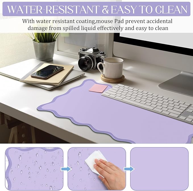 Hahafelt Scalloped Desk Mat Large Scalloped Piping Cute Desk Mat Aesthetic Preppy Table Pad Large Nonslip Pad with Edge Stitching Waterproof Gaming(Purple,31.5 x 15.8 Inches)