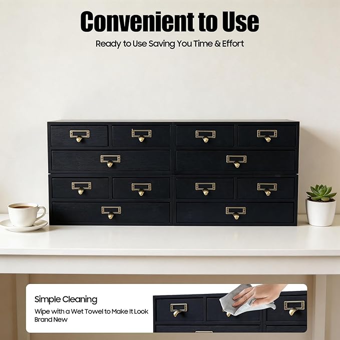 4 Packs Vintage Desktop Apothecary Cabinet with 3 Drawers, Vintage Desktop Organizer Wood Desktops Organizers Stackable Drawers Chest Drawer for Herb Storage Tea Collection Stationery (Black)