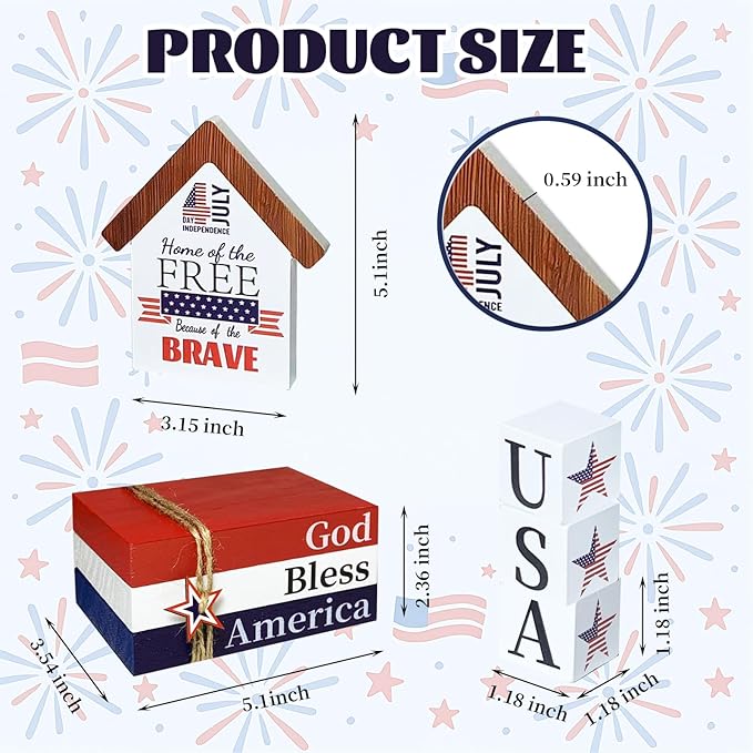 4th of July Wooden Book Stack Sign with Stars Blocks and House Shape Sign Patriotic Memorial Day Tiered Tray Decoration Tabletop Centerpiece Decor for Home Office Table Mantel Shelf