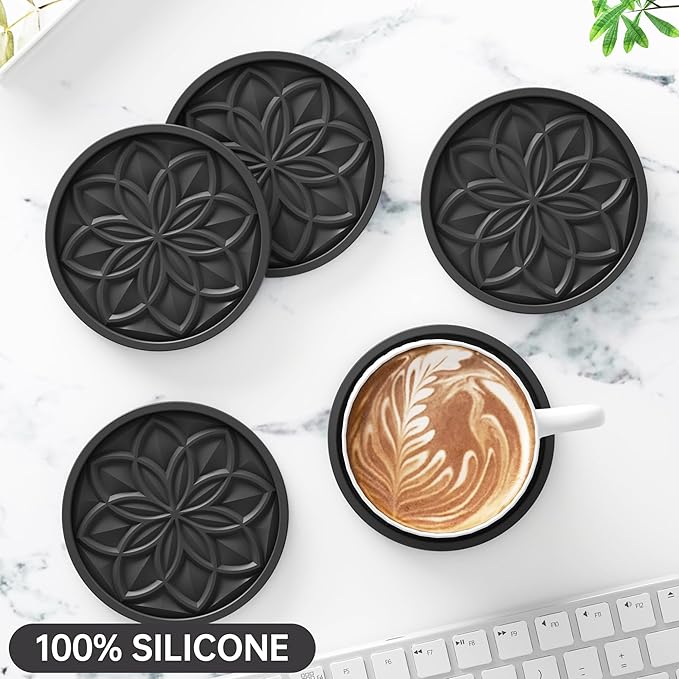 Drink Coasters Set of 6 Packs with Holder, HFHOME Round Black BPA Free Silicone with Non-Slip Bottom Fits Any Size Cup Mug or Glasses (Black)