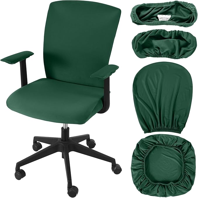 Tallew 4 Pcs Office Chair Covers Set Computer Universal Protective Stretchable Chair Seat Covers Desk Armrest Cover Pads Office Cushion Backrest for Rotating(Regular,Dark Green)