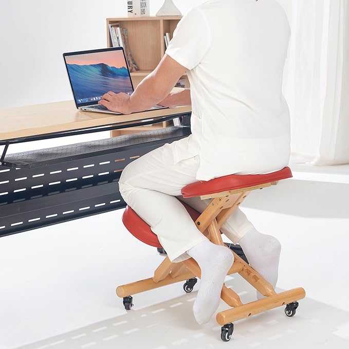 Master Massage Ergonomic Wooden Foldable Kneeling Chair for Office –Wood Folding Posture Chair for Home-Posture Correction Stool-Improve Your Posture Cinnamon Color