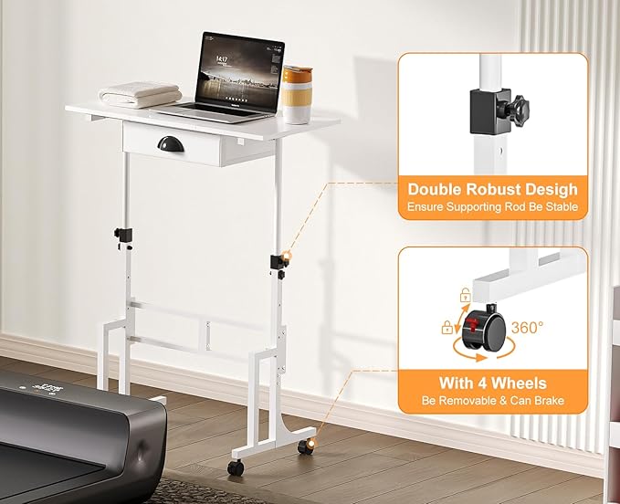 Cidaziya Adjustable Height Standing Desk for Walking Pad Treadmill, Portable Rolling Desk for Laptop with Drawer, Small Moblie Sit to Stand Desk On Wheels with Stiffener for Home Office Dorm Bedroom