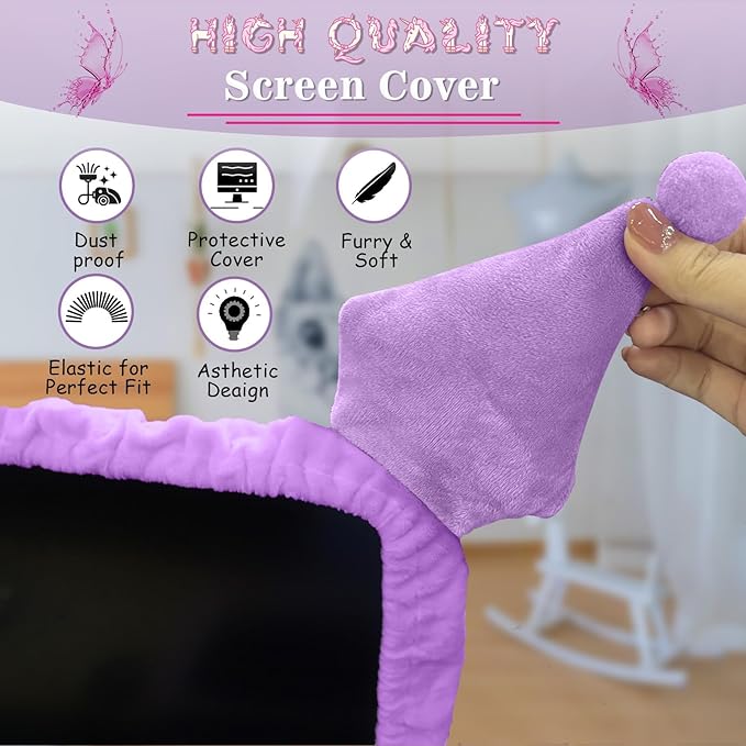 23'' - 34'' Computer Monitor Protective Cover with Cat Ear Design, Cute Monitor Dust Cover with Furry Design, Elastic Dustproof, Suitable for PC, Tablet, TV