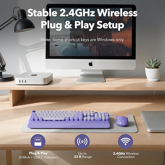 Wireless Keyboard and Mouse Combo with Detachable Magnetic Wrist Rest, Retro Typewriter-Style Keyboard, Round Keycaps, 3-Level DPI Ergonomic Mouse, 2.4GHz for Windows PC/Laptop (Lilac Purple)