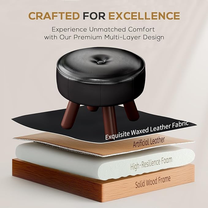 oakvivo 13in Small Foot Stool Ottoman, Round Faux Leather Foot Rest, Footstool Ottomans with Rubber Legs Under Desk, Footrest for Couch, Living Room, Bedroom, Office, 13''L x 13''W x 10.2''H, Black