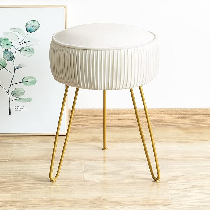 LUE BONA Pleated Vanity Stool, Velvet Upholstered Vanity Stool for Makeup Room, Round Stool for Vanity, Ottoman Footrest Stool with Metal Legs for Living Room, Bedroom, White