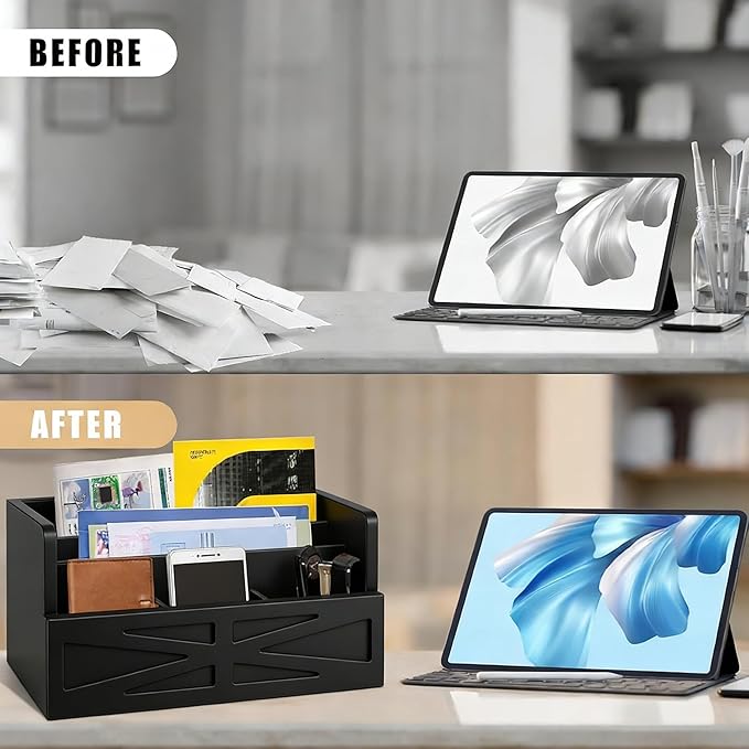Mail Organizer Countertop, Wood Mail Holder Sorter for Desk, Rustic Bill Storage Organizer Box, Office Letter Basket for Document File Folder Paper Envelope