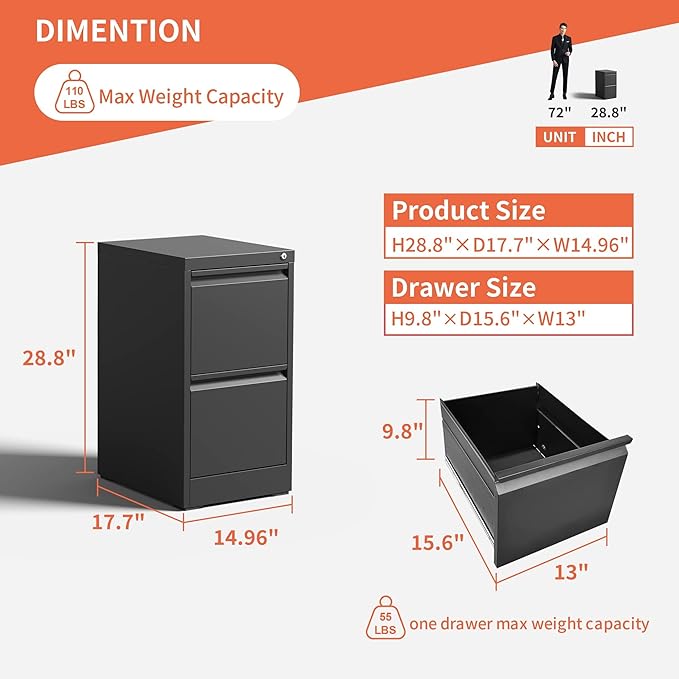 IKIMI 2 Drawer File Cabinet with Lock,Metal Filing Cabinets for Home Office,Steel Vertical File Cabinet,Heavy Duty Metal Storage Cabinet for A4/Letter/Legal Size Files,Assembly Required