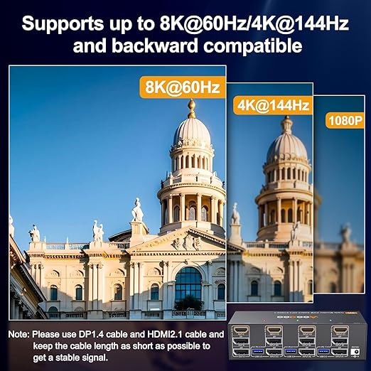 8K@60Hz HDMI Displayport KVM Switch 3 Monitors 3 Computers 4K@144Hz Triple Monitor KVM Switches with USB 3.0 Port,Wired Remote,Power Adapter and USB3.0 Cables(16.2 cm 3 PC 3 Monitor 8K KVM)
