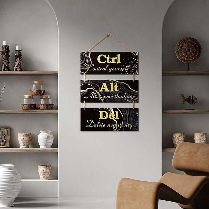 Qunclay Black and Gold Office Wall Decor Ctrl Alt Del Inspirational Rustic Wall Hanging Wooden Signs Motivational Art with Sayings Motivational Plaques for Home Living Room Decoration, 10 x 4 Inch