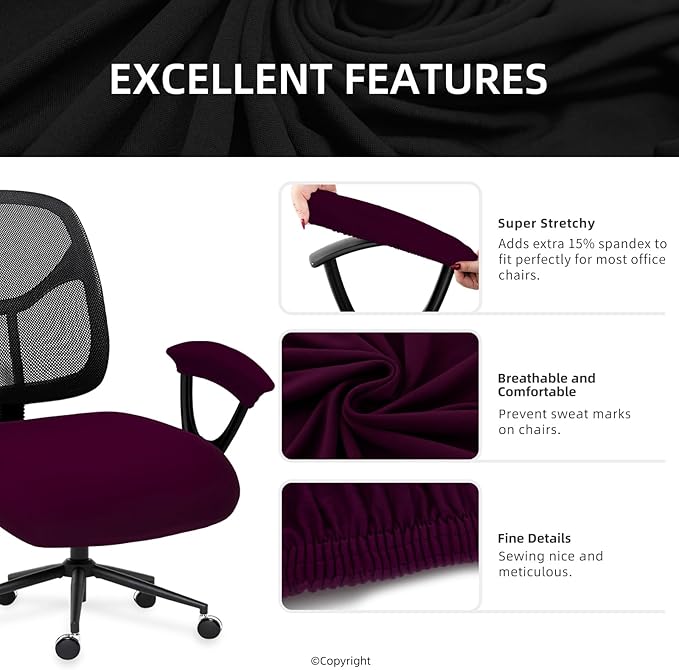 Stretchable Desk Office Chair Seat Cushion Covers with Armrest Covers - Universal Spandex Computer Chair Slipcover - Removable Washable Cushion Protectors for Dogs, Cats, Pets (Plum)