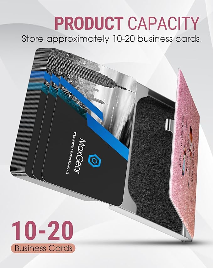 MaxGear Metal Business Card Holder for Men & Women, Stainless Steel Business Card Case Holds 10–20 Cards, Slim Pocket Name Cards Holder with Interior Lining & Buckle Closure, Pink