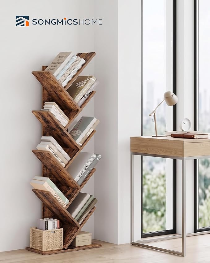 SONGMICS HOME 9 Tier Tree Bookshelf, Bookcase, Small Corner Shelf, Space Saving Book Tree for Home Office, Bedroom, Living Room, Brown
