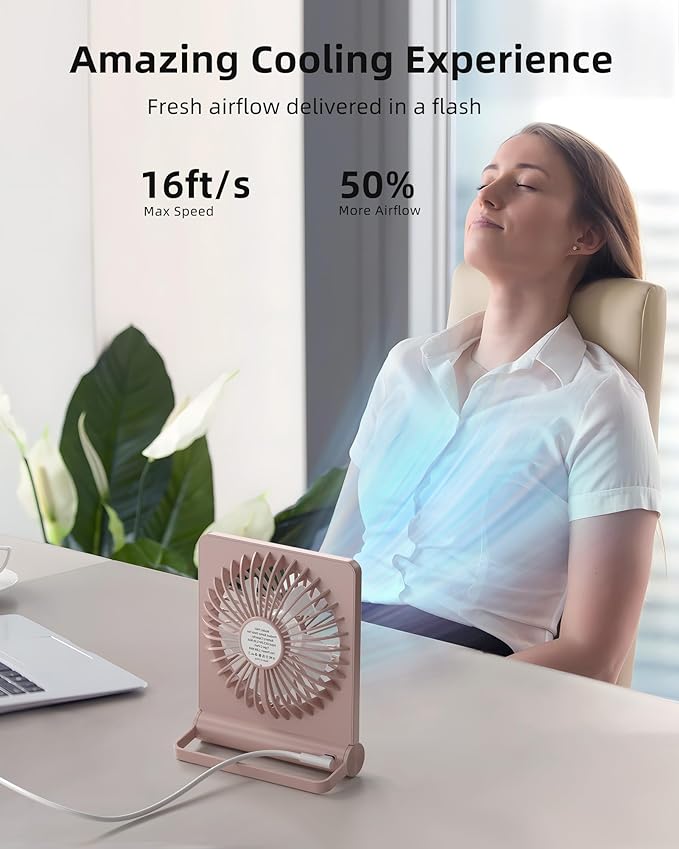 Koonie USB Fan, Strong Wind Ultra Quiet Small Desk Fan 220° Tilt Folding 3 Speeds Adjustable USB-C Powered Personal Fan for Home Office Desktop, Pink, NO BATTERY