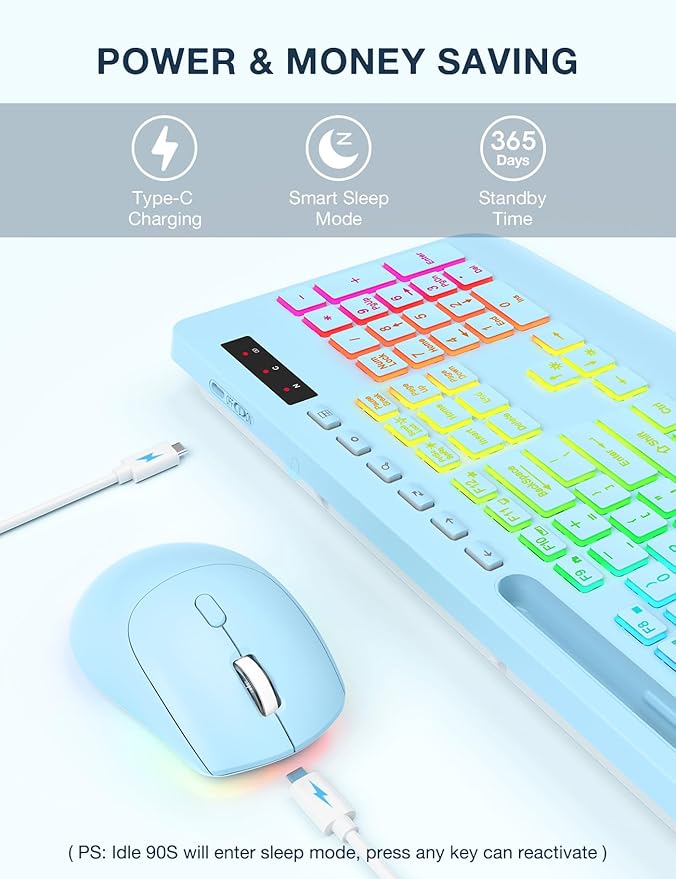 Wireless Keyboard and Mouse Combo, 9 Backlit Effects, Wrist Rest, Phone Holder, 3 DPI Speed, 2.4G Ergonomic Keyboards, KM22 MAX Rechargeable Silent Set for Computer, Laptop, Mac, Windows, Blue-SABLUTE
