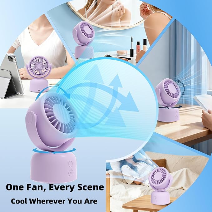 Small Oscillating Desk Fan, Rechargeable USB C Personal Fan, 3 Speeds Quiet Mini Desk Fan with Auto 90° Oscillation & 120° Manual Tilt, 3600mAh Battery Operated Portable Fan for Home Office Bedroom