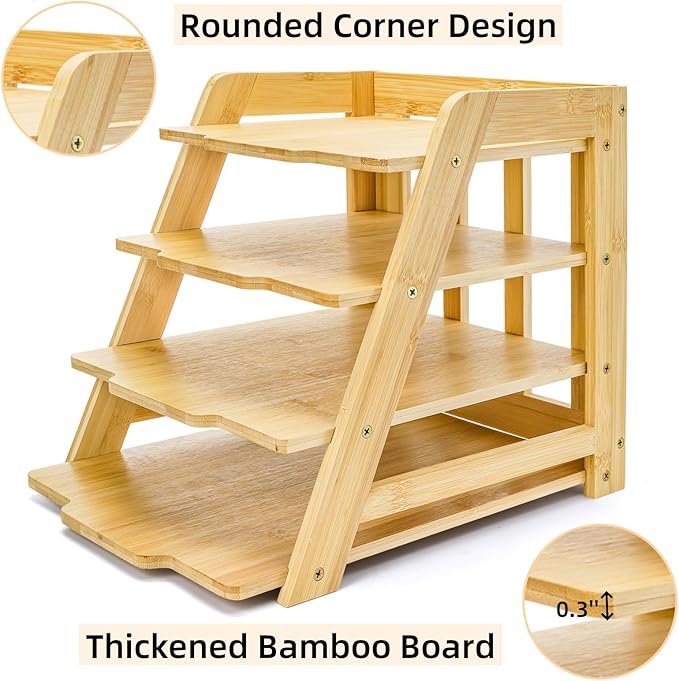 ZAVOOS Wood Paper Organizer for Desk, 4 Tier Bamboo Letter Tray File Folder, Mail Sorter Shelf Document Storage Rack Holder for Home, Workplace, Office Supplies Desk Accessories