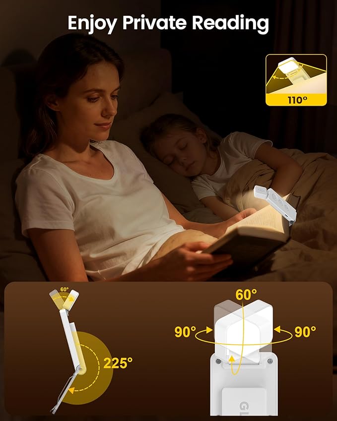 Glocusent 12 LED Rechargeable Book Light, Clip-on Reading Light with 5 Colors & 5 Brightness Levels, Up to 100Hrs Runtime, Eye-Caring Reading Lights for Books in Bed, Perfect for Book Lovers, Kids