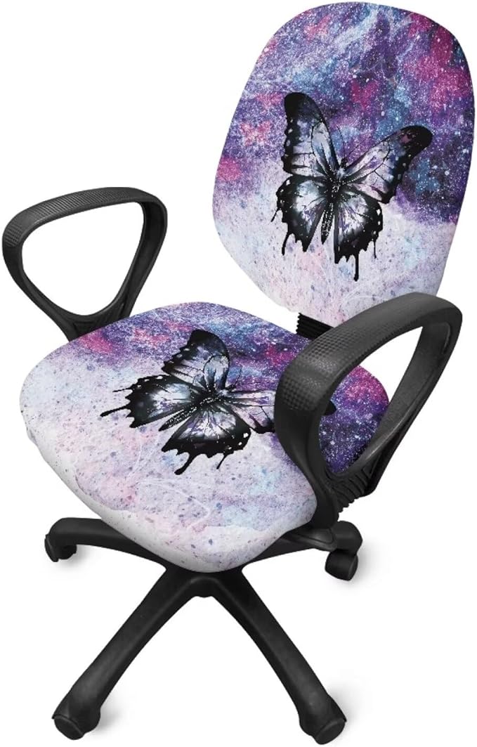 Butterfly Office Chair Covers 2 Piece Stretchable Computer Chair Seat Cover Decorative Universal Slipcover for Rotating Chair,Gaming Chair Protector Cover Galaxy Desk Accessories Purple