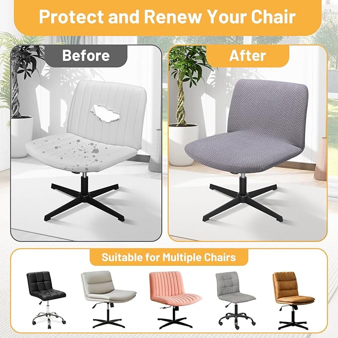 Criss Cross Chair Cover, 2pcs Grey Armless Elastic Vanity Office Desk Computer Chair Fuzzy Cover, Wide Seat Swivel Cross Legged Chair Covers Slipcovers for Bedroom（Only Covers, No Chairs）