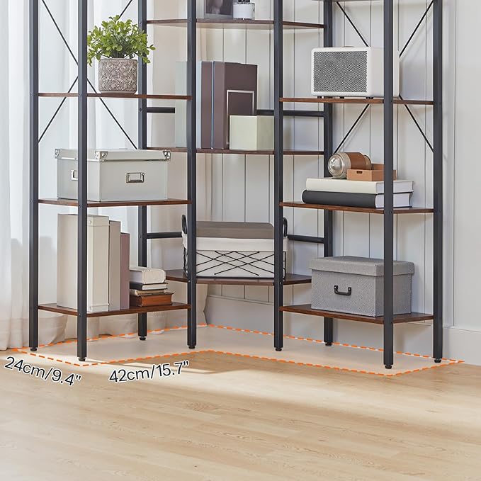 HOOBRO Industrial Corner Bookshelf, 5-Tier L-Shaped Bookcase, Open Display Storage Rack, Floor Standing Storage Shelf, for Living Room, Bedroom, Home Office, Rustic Brown and Black BF68SJ01
