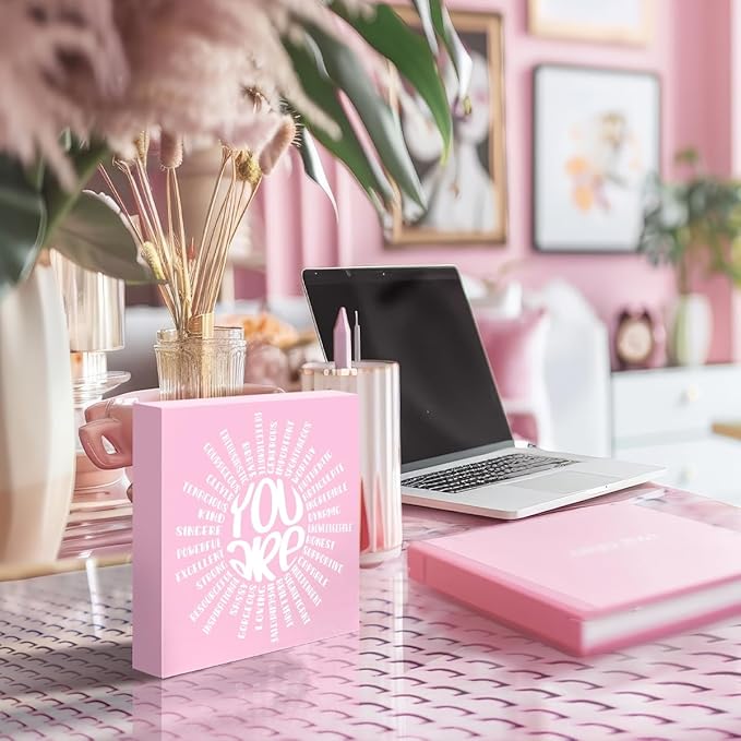 LVQHI Pink Decor For Desk, You Are Sun Sign Wood Box,Inspirational Office Desk Decor For Women, Small Motivational Home Bedroom Table Accessories Decoration Signs 5"x5"x1.2" In