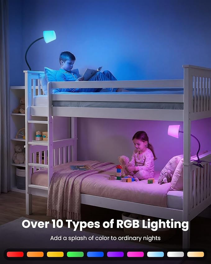 Clip on Light, Reading Light for Bed, RGB Lamp, Dimmable Desk Lamp with Clamp, College Dorm Room Essentials, Cute Bedside Night Light for Kids Headboard, Adapter Included Black
