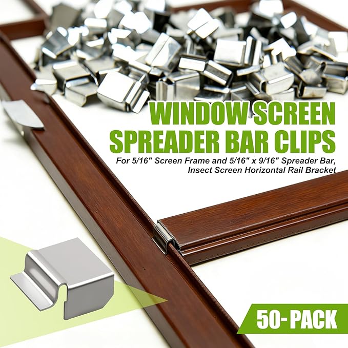 50 Pack Window Screen Spreader Bar Clips, 5/16" x 9/16" Retainer Clips for 5/16" Screen Frame Bar, Fit for Patio, Garage, Residential Windows, Sunroom, Shed & Workshop Screens