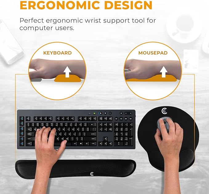 4pc Wrist Rests for Keyboard and Mouse Pad Set - Memory Foam Cushion, Black - Ergonomic Wrists Hand Arm Rest Support for Laptop Computer Desk and Gaming - Carpal Tunnel Syndrome Relief