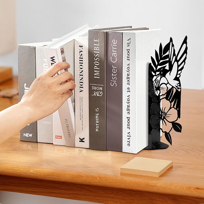 ENCIMART Bird Metal Bookends for Shelves Cute Flower Book Ends for Heavy Books Bookshelf Decorative Objects Office Home Desk Bookshelf Decor Book Lover Hummingbird Gifts for Women (Black)