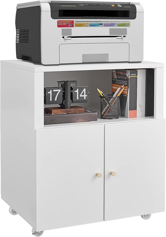 Heavy Duty Rolling Printer Cabinet with 2 Doors & Storage Shelf, Under Desk 3D Printer Stand, Mobile Metal File Cabinet for Garage Home Office, Small Spaces & Workshop White