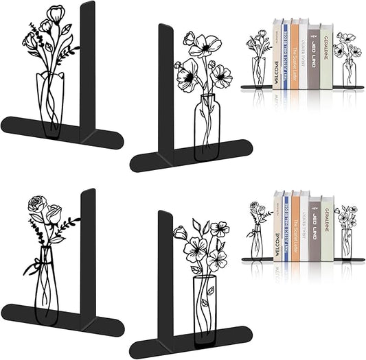 4 Pcs Floral Metal Bookends - Flowers Book Ends for Shelves Decorative, Home Office Desk Bookshelf Decor, Gift for Floral Lovers and Reading Enthusiasts, Reading Gifts for Women