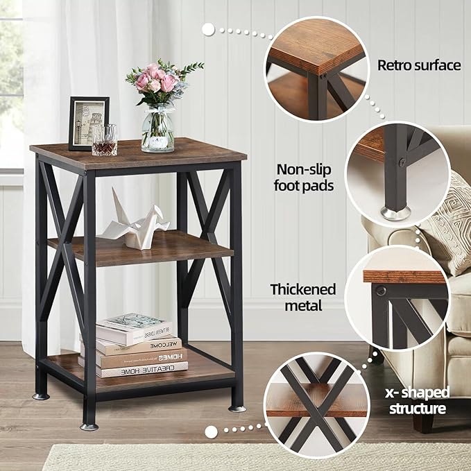 End Tables Living Room Set of 2 Farmhouse, Side Table with Storage Shelf, 16" W x 12" D x 24" H, X-Shaped Night Stands for Bedrooms, Espresso Side Table, End Tables Wood and Metal