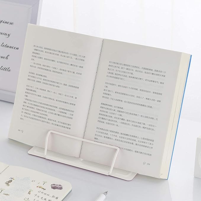 MSDADA Book Stand Metal Reading Rest Book Holder Adjustable Cookbook Documents Holder Portable Sturdy Bookstands for Recipes Textbooks Tablet Music Books with Page Clips Gifts for Girls (Milky White)