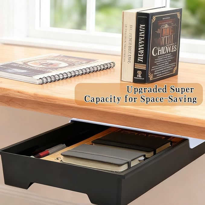 2 Pack Under Desk Drawer Organizer, Self Adhesive Hidden Drawer Storage, Slide Out Desk Organizer, Space Saving Pencil & Accessories Organizer, Under Table Storage for Home Office & School, Black
