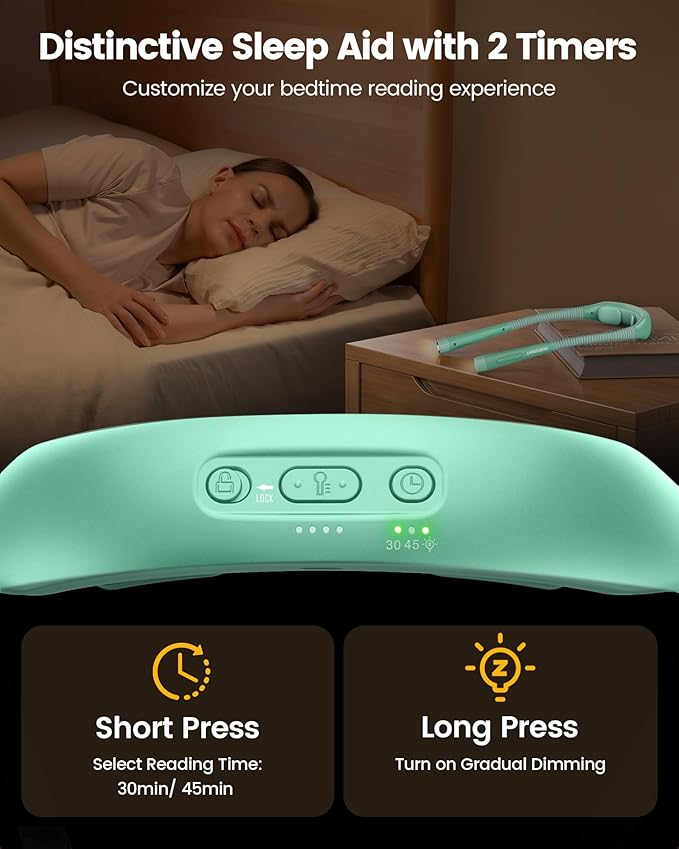 Glocusent Ergonomic Reading Lights for Books in Bed, 1600mAh Rechargeable Book Light for 100 Hrs - 3 Colors & 5 Brightness, Neck Light with Timers, Sleep Aid & Travel Lock