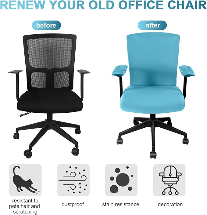 Tallew 4 Pcs Office Chair Covers Set Computer Universal Protective Stretchable Chair Seat Covers Desk Armrest Cover Pads Office Cushion Backrest for Rotating(Regular,Sky Blue)